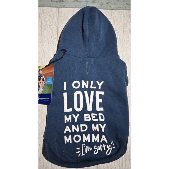 DOG Hoodie Sweatshirt I LOVE MY MOMMA & MY BED Blue White Humane Society - Picture 1 of 8